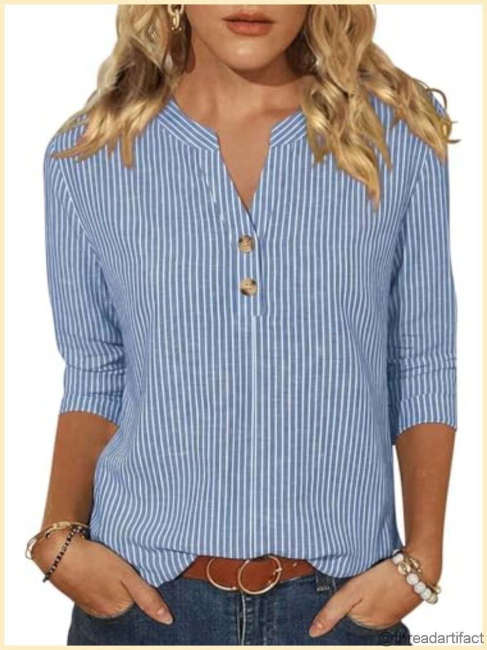 Womens V Neck 3/4 Sleeve Henley Tunic Tee Loose Fit Casual Blouse